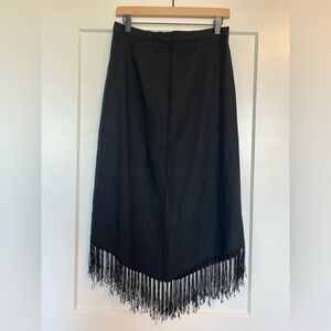 Vintage 90s Selene Sport Black Linen Rayon blend Fringe Maxi Skirt Boho Y2K